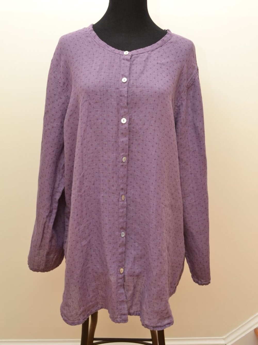 FLAX Purple Tunic Top 100% Linen Button Up Roll Sleeve Round Collar Womens Sz L